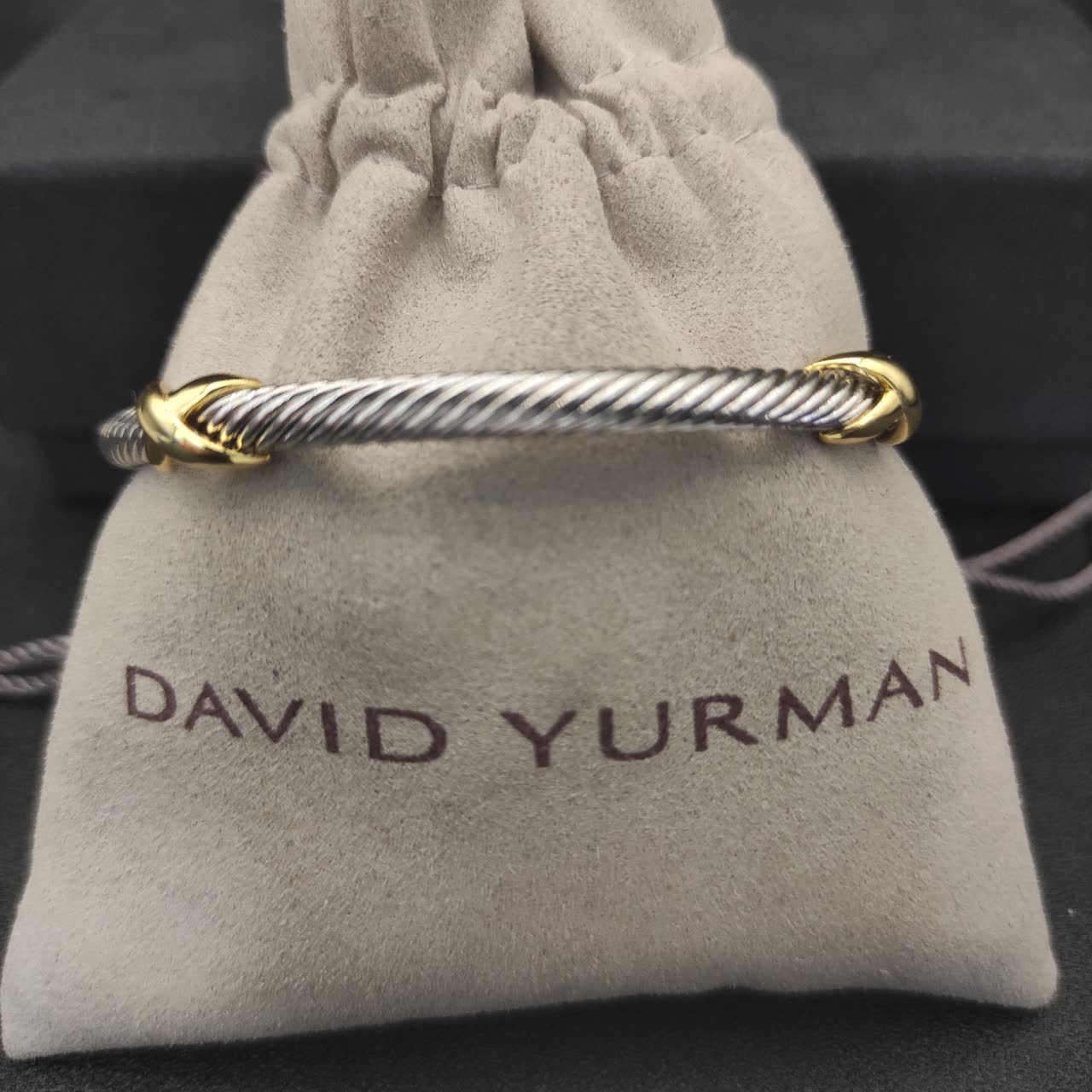 David Yurman Silver Cable Wire Bangle Bracelet with Gold Accents